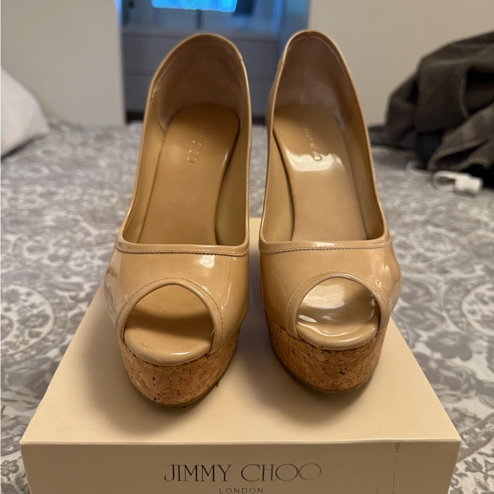 Jimmy Choo Nude Patent Peep Toe Platforms